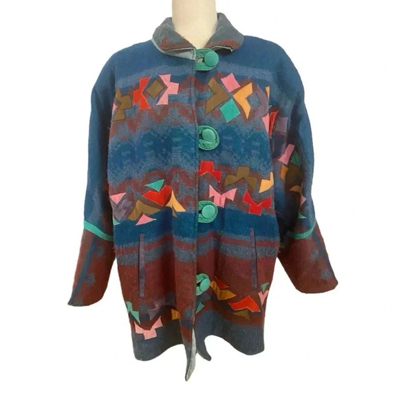 Vintage Womens Handmade Southwest Aztec Wool Leather Jacket Size XL 1990s Winter - Picture 1 of 7